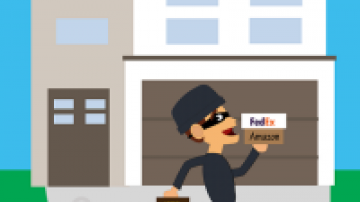 Cartoon of thief in mask running with FedEx, UPS, and Amazon packages